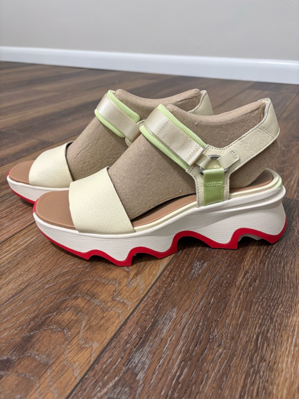 Sorel Cream Platform Sandals with Lime and Red Accents